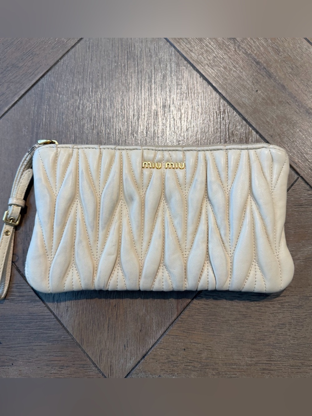 Miu Miu Cream Quilted Wristlet Clutch with Gold Logo